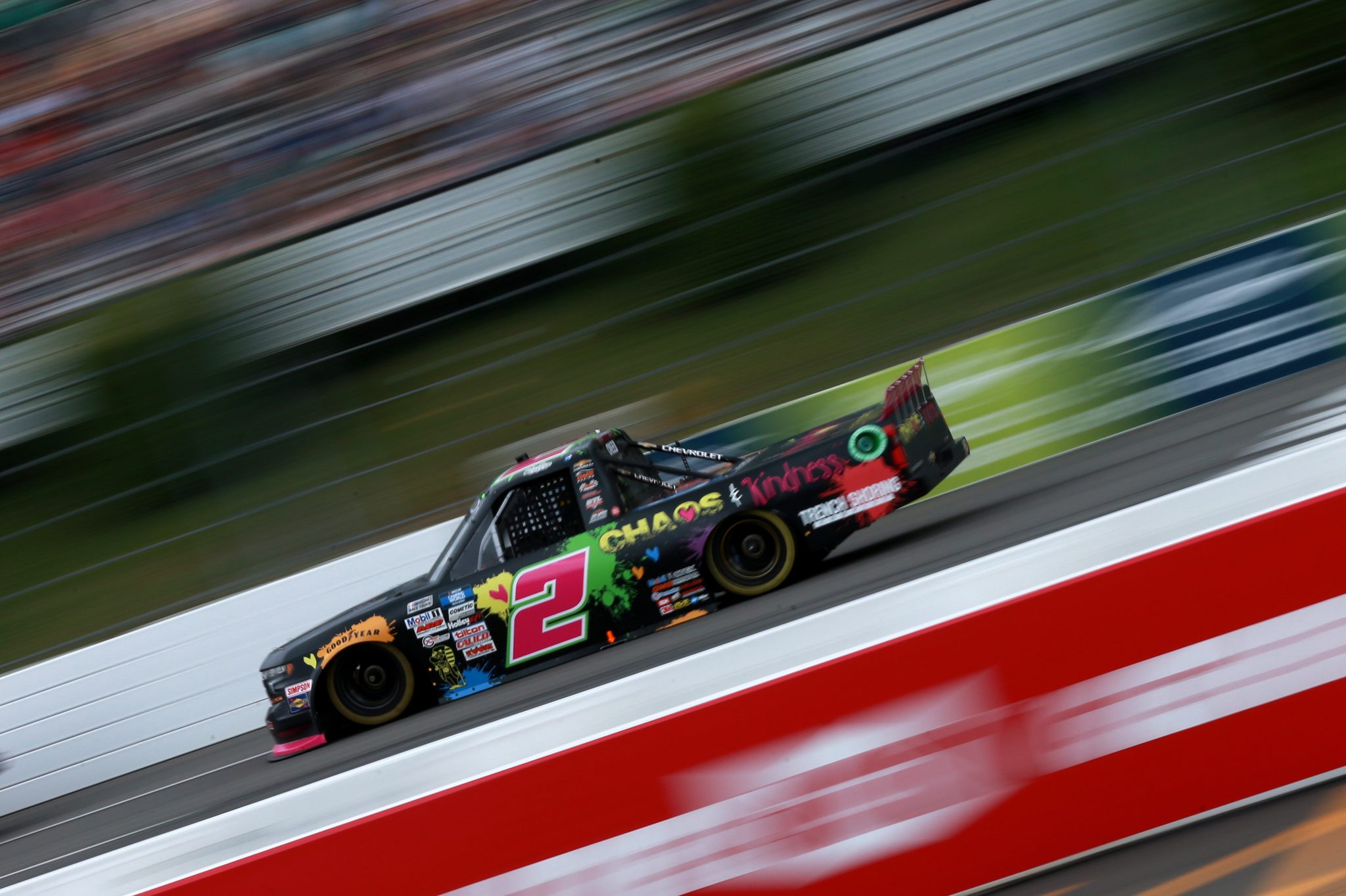 LONG POND, PENNSYLVANIA - JUNE 26: Sheldon Creed, driver of the #2 Chaos & Kindness Chevrolet, drives during the NASCAR Camping World Truck Series CRC Brakleen 150 at Pocono Raceway on June 26, 2021 in Long Pond, Pennsylvania. (Photo by Sean Gardner/Getty Images) | Getty Images