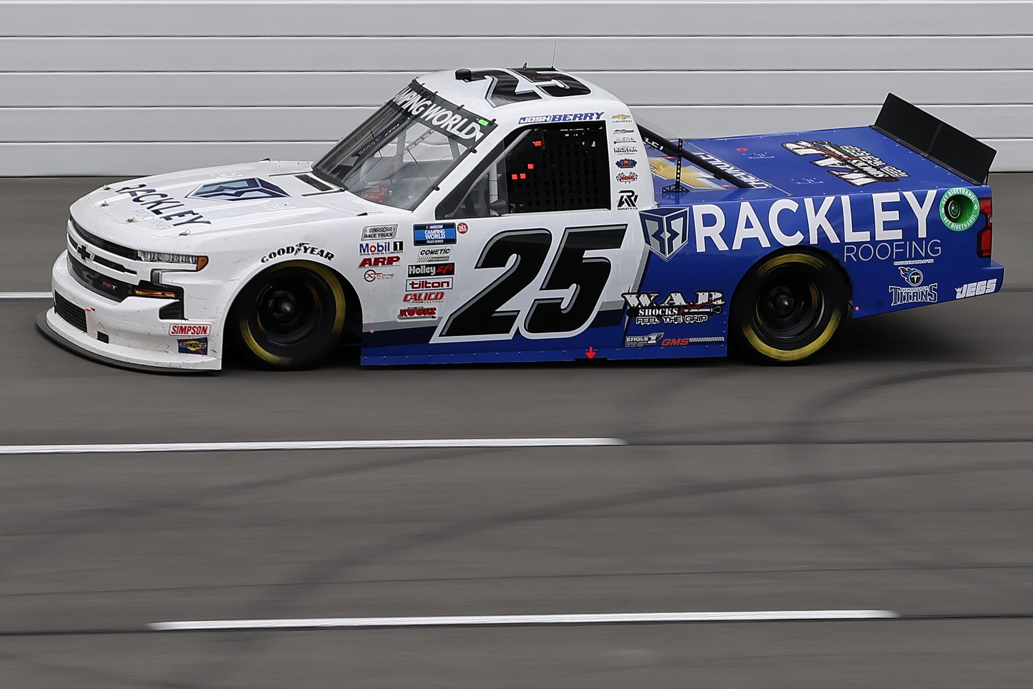 LONG POND, PENNSYLVANIA - JUNE 26: Josh Berry, driver of the #25 Rackley Roofing Chevrolet, drives during the NASCAR Camping World Truck Series CRC Brakleen 150 at Pocono Raceway on June 26, 2021 in Long Pond, Pennsylvania. (Photo by James Gilbert/Getty Images) | Getty Images