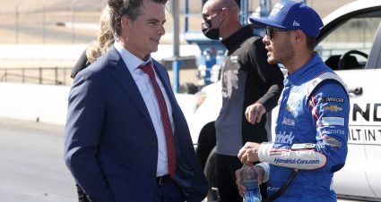 SONOMA, CALIFORNIA - JUNE 06: Kyle Larson, driver of the #5 HendrickCars.com Chevrolet, talks with Hall of Fame driver and TV commentator Jeff Gordon after winning the NASCAR Cup Series Toyota/Save Mart 350 at Sonoma Raceway on June 06, 2021 in Sonoma, California. (Photo by Maddie Meyer/Getty Images) | Getty Images