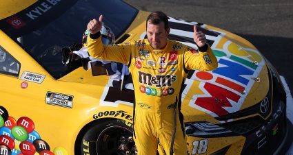 LONG POND, PENNSYLVANIA - JUNE 27: Kyle Busch, driver of the #18 M&M's Mini's Toyota, gives fans a thumbs up after winning the NASCAR Xfinity Series Pocono Green 225 Recycled by J.P. Mascaro & Sons at Pocono Raceway on June 27, 2021 in Long Pond, Pennsylvania. (Photo by James Gilbert/Getty Images) | Getty Images