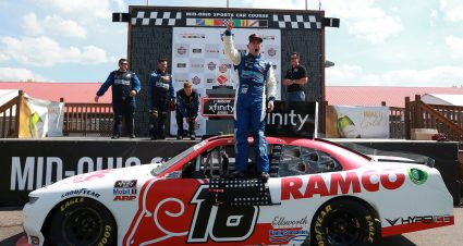 LEXINGTON, OHIO - JUNE 05: AJ Allmendinger, driver of the #16 RAMCO Specialties Inc Chevrolet, celebrates in victory lane after winning the NASCAR Xfinity Series B&L Transport 170 at Mid-Ohio Sports Car Course on June 05, 2021 in Lexington, Ohio. (Photo by Sean Gardner/Getty Images) | Getty Images
