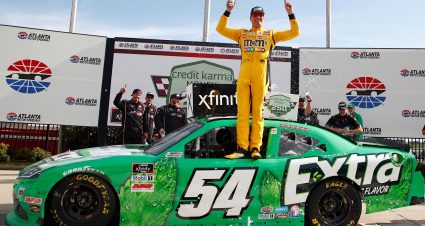 HAMPTON, GEORGIA - JULY 10: Kyle Busch, driver of the #54 Extra Gum Toyota,celebrates in victory lane after winning the NASCAR Xfinity Series Credit Karma Money 250 at Atlanta Motor Speedway on July 10, 2021 in Hampton, Georgia. (Photo by Jared C. Tilton/Getty Images) | Getty Images