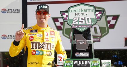 HAMPTON, GEORGIA - JULY 10: Kyle Busch, driver of the #54 Extra Gum Toyota, celebrates in victory lane after winning the NASCAR Xfinity Series Credit Karma Money 250 at Atlanta Motor Speedway on July 10, 2021 in Hampton, Georgia. (Photo by Jared C. Tilton/Getty Images) | Getty Images