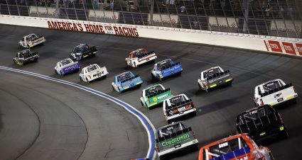 CONCORD, NORTH CAROLINA - MAY 28: Christian Eckes, driver of the #98 Farm Paint/Curb Records Toyota, and Ty Majeski, driver of the #66 SimCraft Toyota, lead the field during the NASCAR Camping World Truck Series North Carolina Education Lottery 200 at Charlotte Motor Speedway on May 28, 2021 in Concord, North Carolina. (Photo by Maddie Meyer/Getty Images) | Getty Images