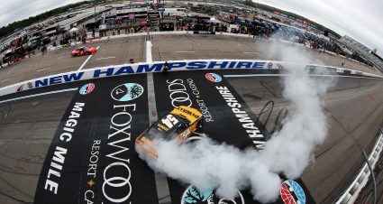 LOUDON, NEW HAMPSHIRE - JULY 17: Christopher Bell, driver of the #54 DEWALT Toyota,celebrates with a burnout after winning the NASCAR Xfinity Series Ambetter Get Vaccinated 200 at New Hampshire Motor Speedway on July 17, 2021 in Loudon, New Hampshire. (Photo by James Gilbert/Getty Images) | Getty Images