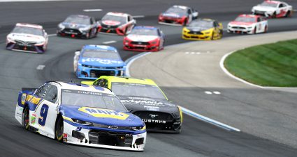 LOUDON, NEW HAMPSHIRE - AUGUST 02: Chase Elliott, driver of the #9 NAPA Auto Parts Chevrolet, races Ryan Blaney, driver of the #12 Menards/Sylvania Ford, during the NASCAR Cup Series Foxwoods Resort Casino 301 at New Hampshire Motor Speedway on August 02, 2020 in Loudon, New Hampshire. (Photo by Maddie Meyer/Getty Images) | Getty Images