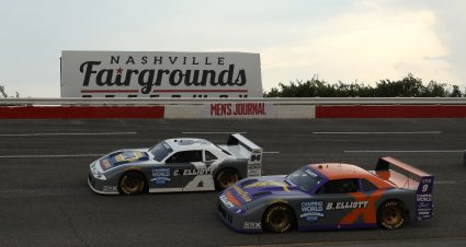 NASHVILLE, TENNESSEE - JULY 17: Chase Elliott #94 and Bill Elliott #9 pace the field prior to the start of the heat races during the Camping World Superstar Racing Experience event at Nashville Fairgrounds Speedway on July 17, 2021 in Nashville, Tennessee. (Photo by Dylan Buell/SRX via Getty Images)