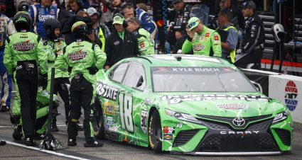 LOUDON, NEW HAMPSHIRE - JULY 18:  The pit crew work to repair  the #18 Interstate Batteries Toyota, driven by Kyle Busch during the NASCAR Cup Series  Foxwoods Resort Casino 301 at New Hampshire Motor Speedway on July 18, 2021 in Loudon, New Hampshire. (Photo by Jared C. Tilton/Getty Images) | Getty Images