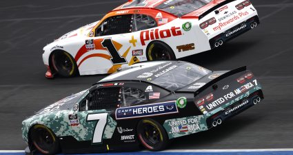 CONCORD, NORTH CAROLINA - MAY 29: Justin Allgaier, driver of the #7 Unilever United For America Chevrolet, and Michael Annett, driver of the #1 Pilot Flying J myRewards Plus Chevrolet, race during the NASCAR Xfinity Series Alsco Uniforms 300 at Charlotte Motor Speedway on May 29, 2021 in Concord, North Carolina. (Photo by Jared C. Tilton/Getty Images) | Getty Images