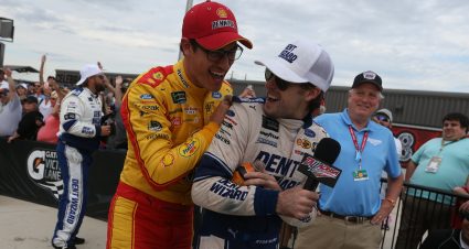 TALLADEGA, ALABAMA - OCTOBER 14: Joey Logano, driver of the #22 Shell Pennzoil Ford, congratulates Ryan Blaney, driver of the #12 Dent Wizard Ford, after winning the Monster Energy NASCAR Cup Series 1000Bulbs.com 500 at Talladega Superspeedway on October 14, 2019 in Talladega, Alabama. (Photo by Brian Lawdermilk/Getty Images) | Getty Images
