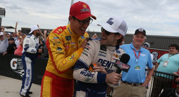 TALLADEGA, ALABAMA - OCTOBER 14: Joey Logano, driver of the #22 Shell Pennzoil Ford, congratulates Ryan Blaney, driver of the #12 Dent Wizard Ford, after winning the Monster Energy NASCAR Cup Series 1000Bulbs.com 500 at Talladega Superspeedway on October 14, 2019 in Talladega, Alabama. (Photo by Brian Lawdermilk/Getty Images) | Getty Images