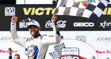 ELKHART LAKE, WISCONSIN - JULY 04: Chase Elliott, driver of the #9 NAPA Auto Parts Chevrolet, celebrates in victory lane after winning the NASCAR Cup Series Jockey Made in America 250 Presented by Kwik Trip at Road America on July 04, 2021 in Elkhart Lake, Wisconsin. (Photo by Jared C. Tilton/Getty Images) | Getty Images