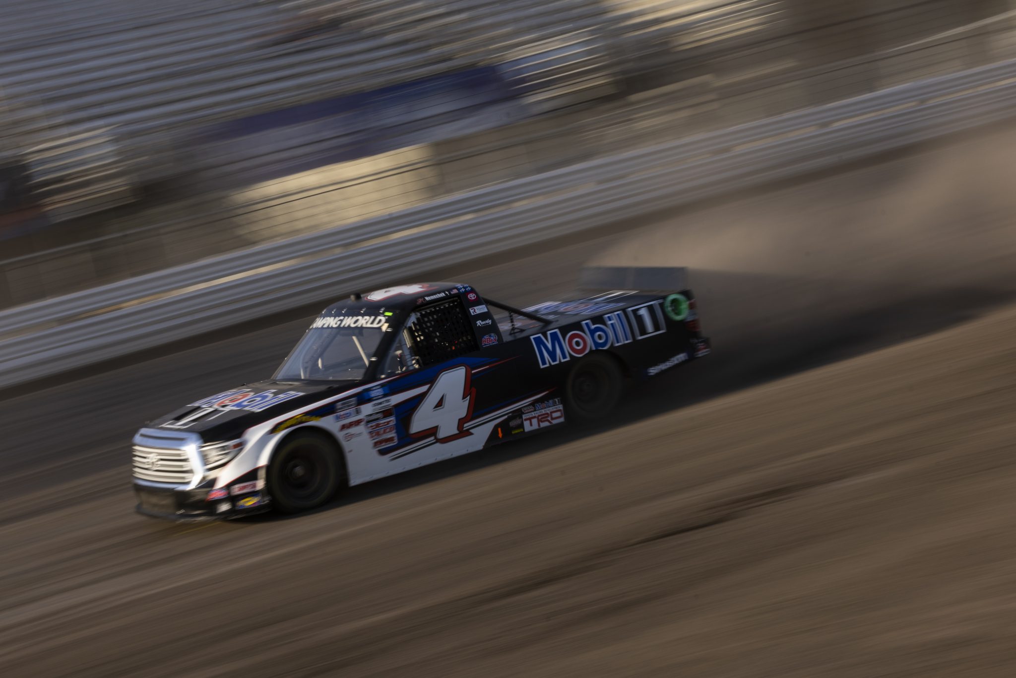 KNOXVILLE, IOWA - JULY 08: John Hunter Nemechek, driver of the #4 Mobil 1 Toyota, drives during practice for the NASCAR Camping World Truck Series Corn Belt 150 presented by Premier Chevy Dealers at Knoxville Raceway on July 08, 2021 in Knoxville, Iowa. (Photo by James Gilbert/Getty Images) | Getty Images