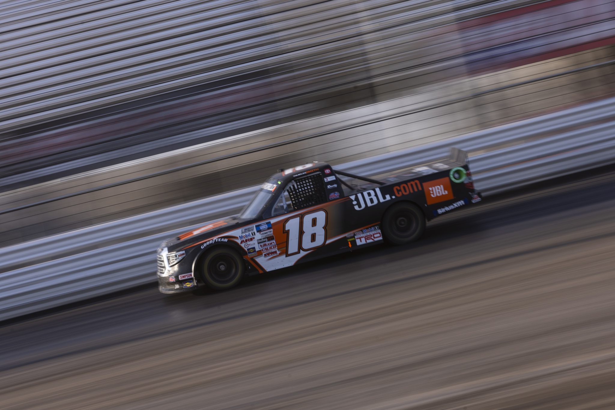 KNOXVILLE, IOWA - JULY 08: Chandler Smith, driver of the #18 JBL Toyota, drives during practice for the NASCAR Camping World Truck Series Corn Belt 150 presented by Premier Chevy Dealers at Knoxville Raceway on July 08, 2021 in Knoxville, Iowa. (Photo by James Gilbert/Getty Images) | Getty Images