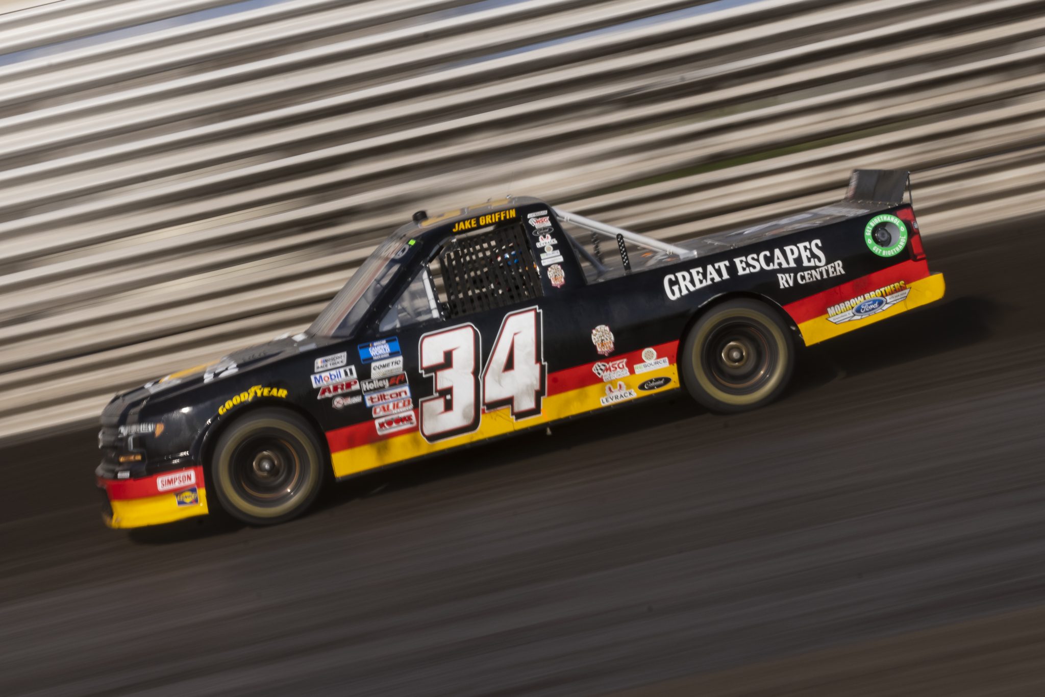 KNOXVILLE, IOWA - JULY 08: Jake Griffin, driver of the #34 Great Escapes RV Center Chevrolet, drives during practice for the NASCAR Camping World Truck Series Corn Belt 150 presented by Premier Chevy Dealers at Knoxville Raceway on July 08, 2021 in Knoxville, Iowa. (Photo by James Gilbert/Getty Images) | Getty Images