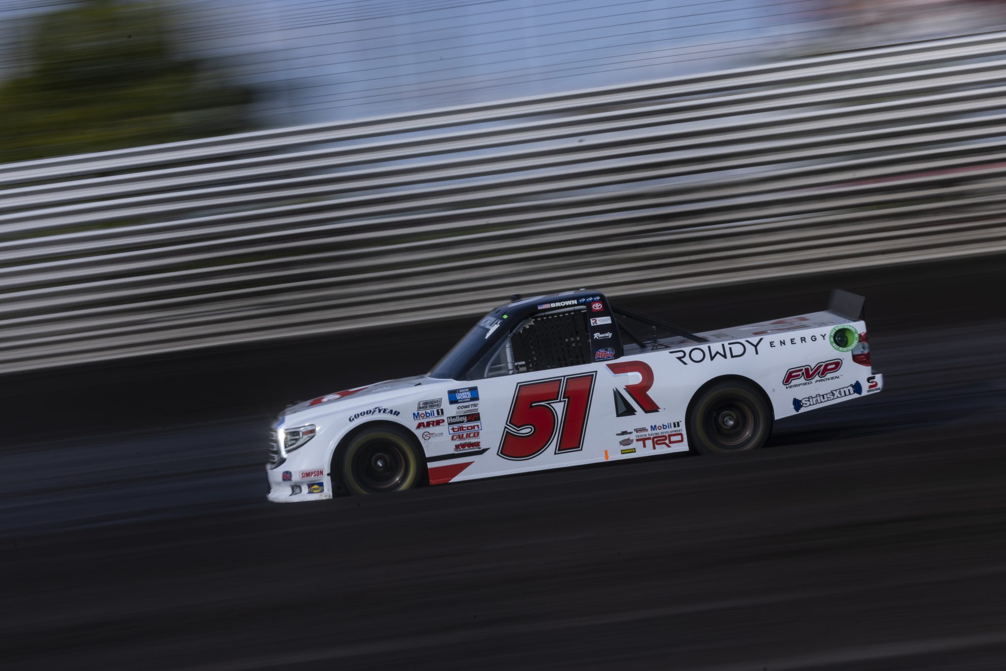 KNOXVILLE, IOWA - JULY 08: Brian Brown, driver of the #51 Casey's/Rowdy Energy Toyota, drives during practice for the NASCAR Camping World Truck Series Corn Belt 150 presented by Premier Chevy Dealers at Knoxville Raceway on July 08, 2021 in Knoxville, Iowa. (Photo by James Gilbert/Getty Images) | Getty Images