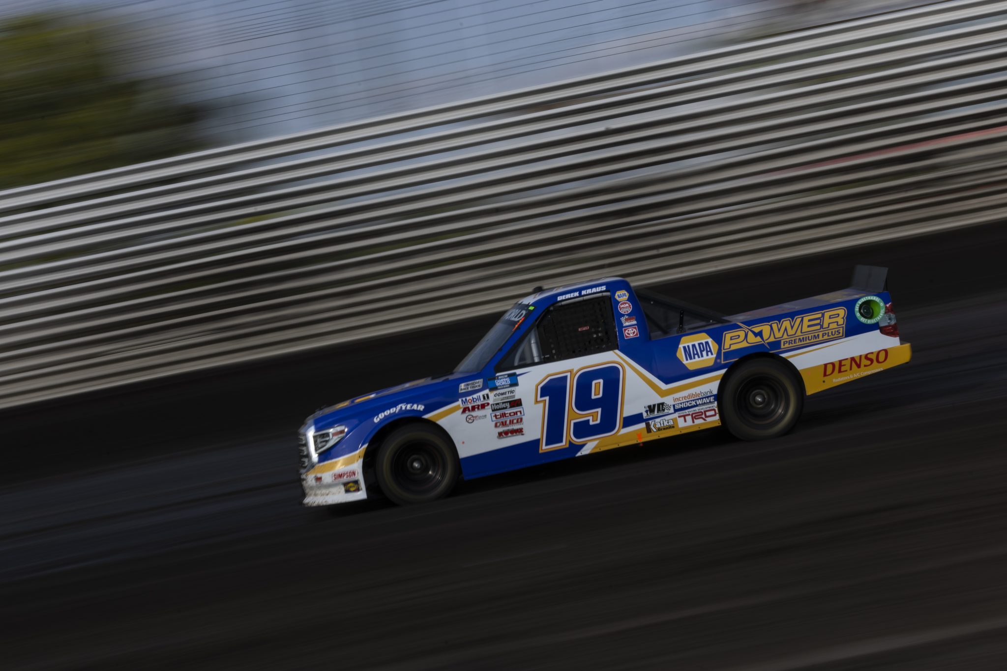 KNOXVILLE, IOWA - JULY 08: Derek Kraus, driver of the #19 NAPA Power Premium Plus Toyota, drives during practice for the NASCAR Camping World Truck Series Corn Belt 150 presented by Premier Chevy Dealers at Knoxville Raceway on July 08, 2021 in Knoxville, Iowa. (Photo by James Gilbert/Getty Images) | Getty Images
