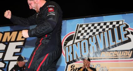 KNOXVILLE, IOWA - JULY 09: Austin Hill, driver of the #16 Toyota Mobility Parts/Tochigi/Fukishima Toyota, celebrates in victory lane after winning the NASCAR Camping World Truck Series Corn Belt 150 presented by Premier Chevy Dealers at Knoxville Raceway on July 09, 2021 in Knoxville, Iowa. (Photo by James Gilbert/Getty Images) | Getty Images