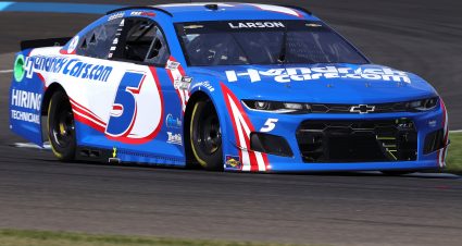 INDIANAPOLIS, INDIANA - AUGUST 14: Kyle Larson, driver of the #5 HendrickCars.com Chevrolet, drives during practice for the NASCAR Cup Series Verizon 200 at the Brickyard at Indianapolis Motor Speedway on August 14, 2021 in Indianapolis, Indiana. (Photo by Stacy Revere/Getty Images) | Getty Images
