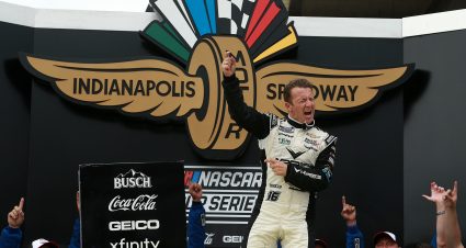 INDIANAPOLIS, INDIANA - AUGUST 15: AJ Allmendinger, driver of the #16 Hyperice Chevrolet, celebrates in victory lane after winning the NASCAR Cup Series Verizon 200 at the Brickyard at Indianapolis Motor Speedway on August 15, 2021 in Indianapolis, Indiana. (Photo by Sean Gardner/Getty Images) | Getty Images