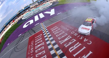 BROOKLYN, MICHIGAN - AUGUST 21: AJ Allmendinger, driver of the #16 RAMCO Specialties Inc. Chevrolet, celebrates with a burnout after winning the NASCAR Xfinity Series New Holland 250 at Michigan International Speedway on August 21, 2021 in Brooklyn, Michigan. (Photo by Sean Gardner/Getty Images) | Getty Images