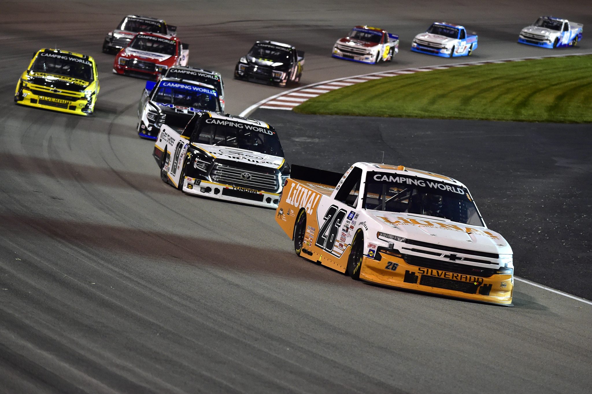 MADISON, ILLINOIS - AUGUST 20: Tyler Ankrum, driver of the #26 LiUNA! Chevrolet, and Derek Kraus, driver of the #19 NAPA Belts & Hoses/Gates Hydraulics Toyota, race during the NASCAR Camping World Truck Series Toyota 200 presented by CK Power at Gateway Motorsports Park on August 20, 2021 in Madison, Illinois. (Photo by Jeff Curry/Getty Images) | Getty Images