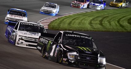 MADISON, ILLINOIS - AUGUST 20: Hailie Deegan, driver of the #1 Monster Ford, and Josh Berry, driver of the #25 Rackley Roofing Chevrolet, race during the NASCAR Camping World Truck Series Toyota 200 presented by CK Power at Gateway Motorsports Park on August 20, 2021 in Madison, Illinois. (Photo by Jeff Curry/Getty Images) | Getty Images