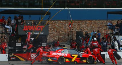 BROOKLYN, MICHIGAN - AUGUST 21: Justin Allgaier, driver of the #7 BRANDT Chevrolet, pits during the NASCAR Xfinity Series New Holland 250 at Michigan International Speedway on August 21, 2021 in Brooklyn, Michigan. (Photo by Sean Gardner/Getty Images) | Getty Images