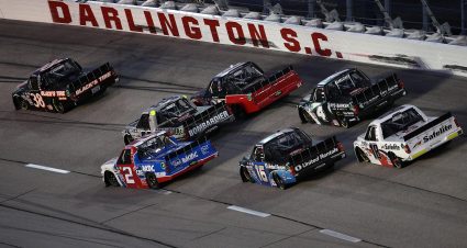 DARLINGTON, SOUTH CAROLINA - MAY 07: Todd Gilliland, driver of the #38 Black's Tire Ford, leads the field during the NASCAR Camping World Truck Series LiftKits4Less.com 200 at Darlington Raceway on May 07, 2021 in Darlington, South Carolina. (Photo by Sean Gardner/Getty Images) | Getty Images
