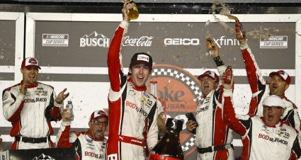 DAYTONA BEACH, FLORIDA - AUGUST 28: Ryan Blaney, driver of the #12 BodyArmor Ford, celebrates in the Ruoff Mortgage victory lane after winning the NASCAR Cup Series Coke Zero Sugar 400 at Daytona International Speedway on August 28, 2021 in Daytona Beach, Florida. (Photo by Jared C. Tilton/Getty Images) | Getty Images