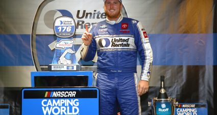 WATKINS GLEN, NEW YORK - AUGUST 07: Austin Hill, driver of the #16 United Rentals Toyota, celebrates in victory lane after winning the NASCAR Camping World Truck Series United Rentals 176 at Watkins Glen International on August 07, 2021 in Watkins Glen, New York. (Photo by Jared C. Tilton/Getty Images) | Getty Images