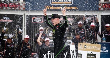 WATKINS GLEN, NEW YORK - AUGUST 07: Ty Gibbs, driver of the #54 Monster Energy Toyota, celebrates in the Ruoff Mortgage victory lane after winning the NASCAR Xfinity Series Skrewball Peanut Butter Whiskey at Watkins Glen International on August 07, 2021 in Watkins Glen, New York. (Photo by Jared C. Tilton/Getty Images) | Getty Images