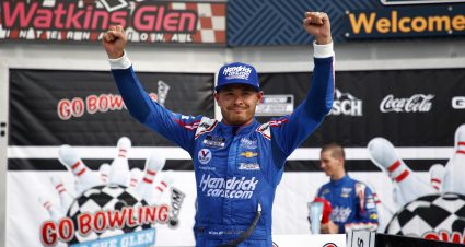 WATKINS GLEN, NEW YORK - AUGUST 08: Kyle Larson, driver of the #5 HendrickCars.com Chevrolet, celebrates in the Ruoff Mortgage victory lane after winning the NASCAR Cup Series Go Bowling at The Glen at Watkins Glen International on August 08, 2021 in Watkins Glen, New York. (Photo by Jared C. Tilton/Getty Images) | Getty Images