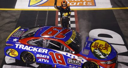 RICHMOND, VIRGINIA - SEPTEMBER 11: Martin Truex Jr., driver of the #19 Bass Pro Shops Red White Blue Toyota, celebrates after winning the NASCAR Cup Series Federated Auto Parts 400 Salute to First Responders at Richmond Raceway on September 11, 2021 in Richmond, Virginia. (Photo by Jared C. Tilton/Getty Images) | Getty Images