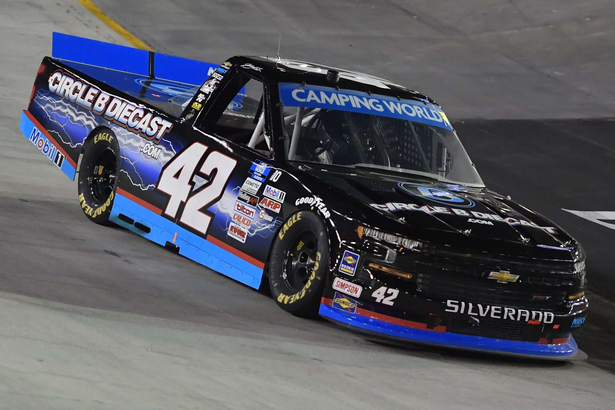BRISTOL, TENNESSEE - SEPTEMBER 16: Carson Hocevar, driver of the #42 CircleBDiecast.com Chevrolet, drives during the NASCAR Camping World Truck Series UNOH 200 presented by Ohio Logistics at Bristol Motor Speedway on September 16, 2021 in Bristol, Tennessee. (Photo by Logan Riely/Getty Images) | Getty Images
