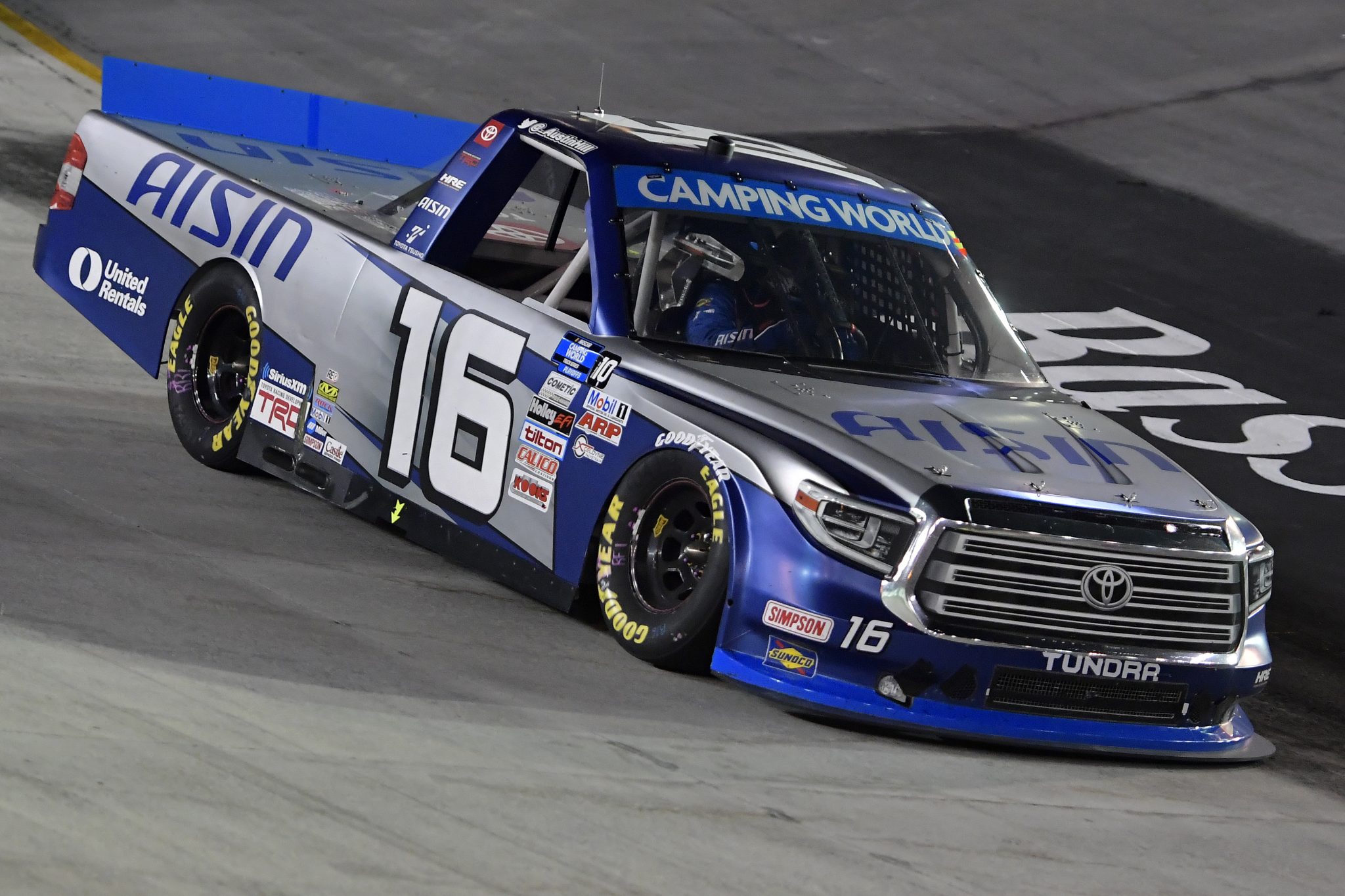 BRISTOL, TENNESSEE - SEPTEMBER 16: Austin Hill, driver of the #16 AISIN Toyota, drives during the NASCAR Camping World Truck Series UNOH 200 presented by Ohio Logistics at Bristol Motor Speedway on September 16, 2021 in Bristol, Tennessee. (Photo by Logan Riely/Getty Images) | Getty Images