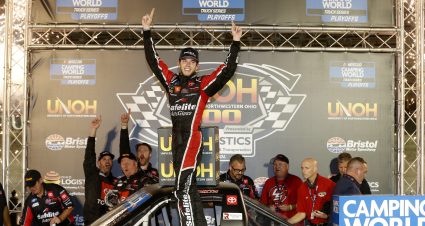 BRISTOL, TENNESSEE - SEPTEMBER 16: Chandler Smith, driver of the #18 Safelite AutoGlass Toyota, celebrates in victory lane after winning the NASCAR Camping World Truck Series UNOH 200 presented by Ohio Logistics at Bristol Motor Speedway on September 16, 2021 in Bristol, Tennessee. (Photo by Brian Lawdermilk/Getty Images) | Getty Images