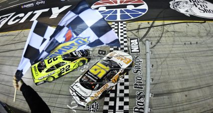 BRISTOL, TENNESSEE - SEPTEMBER 17: AJ Allmendinger, driver of the #16 Barger Precast Chevrolet, spins across the finish line after an incident with Austin Cindric, driver of the #22 Menards/Richmond Ford, to win the NASCAR Xfinity Series Food City 300 at Bristol Motor Speedway on September 17, 2021 in Bristol, Tennessee. (Photo by Logan Riely/Getty Images) | Getty Images