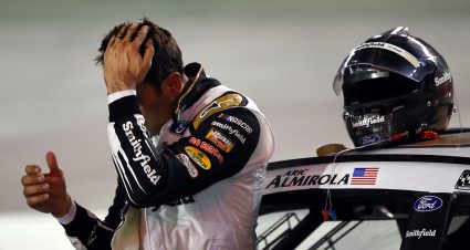 BRISTOL, TENNESSEE - SEPTEMBER 18: Aric Almirola, driver of the #10 Smithfield Ford, exits his car after the NASCAR Cup Series Bass Pro Shops Night Race at Bristol Motor Speedway on September 18, 2021 in Bristol, Tennessee. (Photo by Jared C. Tilton/Getty Images) | Getty Images