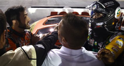 BRISTOL, TENNESSEE - SEPTEMBER 18: Kyle Larson, driver of the #5 Valvoline Chevrolet, (L) and Kevin Harvick, driver of the #4 Subway Delivery Ford, have a heated conversation after an incident late in the NASCAR Cup Series Bass Pro Shops Night Race at Bristol Motor Speedway on September 18, 2021 in Bristol, Tennessee. (Photo by Jared C. Tilton/Getty Images) | Getty Images