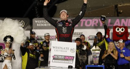 LAS VEGAS, NEVADA - SEPTEMBER 24: Christian Eckes, driver of the #98 Curb Records Toyota, celebrates in victory lane after winning the NASCAR Camping World Truck Series Victoria's Voice Foundation 200 presented by Westgate Resorts at Las Vegas Motor Speedway on September 24, 2021 in Las Vegas, Nevada. (Photo by Steph Chambers/Getty Images) | Getty Images