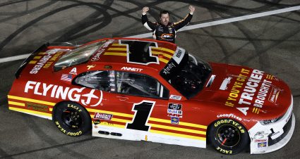 LAS VEGAS, NEVADA - SEPTEMBER 25: Josh Berry, driver of the #1 PFJ Thank A Trucker Chevrolet, celebrates after winning the NASCAR Xfinity Series Alsco Uniforms 302 at Las Vegas Motor Speedway on September 25, 2021 in Las Vegas, Nevada. (Photo by Steph Chambers/Getty Images) | Getty Images