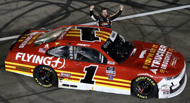 LAS VEGAS, NEVADA - SEPTEMBER 25: Josh Berry, driver of the #1 PFJ Thank A Trucker Chevrolet, celebrates after winning the NASCAR Xfinity Series Alsco Uniforms 302 at Las Vegas Motor Speedway on September 25, 2021 in Las Vegas, Nevada. (Photo by Steph Chambers/Getty Images) | Getty Images