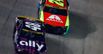 BRISTOL, TENNESSEE - SEPTEMBER 18: Alex Bowman, driver of the #48 Ally Chevrolet, races teammate William Byron, driver of the #24 Axalta Chevrolet, during the NASCAR Cup Series Bass Pro Shops Night Race at Bristol Motor Speedway on September 18, 2021 in Bristol, Tennessee. (Photo by Jared C. Tilton/Getty Images) | Getty Images