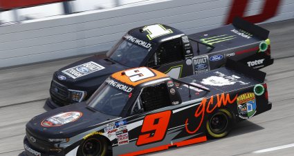 DARLINGTON, SOUTH CAROLINA - SEPTEMBER 05: Colby Howard, driver of the #9 GCM/Highland Construction Chevrolet, and Hailie Deegan, driver of the #1 BUILT FORD TOUGH Ford, race during the NASCAR Camping World Truck Series In It To Win It 200 at Darlington Raceway on September 05, 2021 in Darlington, South Carolina. (Photo by Jared East/Getty Images) | Getty Images