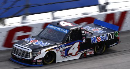 DARLINGTON, SOUTH CAROLINA - SEPTEMBER 05: John H. Nemechek, driver of the #4 Mobil 1 Toyota, drives during the NASCAR Camping World Truck Series In It To Win It 200 at Darlington Raceway on September 05, 2021 in Darlington, South Carolina. (Photo by Jared East/Getty Images) | Getty Images