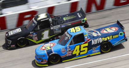 DARLINGTON, SOUTH CAROLINA - SEPTEMBER 05: Lawless Alan, driver of the #45 AutoParkIt.com Chevrolet, and Hailie Deegan, driver of the #1 BUILT FORD TOUGH Ford, race during the NASCAR Camping World Truck Series In It To Win It 200 at Darlington Raceway on September 05, 2021 in Darlington, South Carolina. (Photo by Jared East/Getty Images) | Getty Images