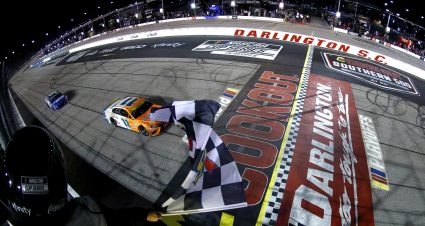 DARLINGTON, SOUTH CAROLINA - SEPTEMBER 05: Denny Hamlin, driver of the #11 Offerpad Toyota, takes the checkered flag to win the NASCAR Cup Series Cook Out Southern 500 at Darlington Raceway on September 05, 2021 in Darlington, South Carolina. (Photo by Jared East/Getty Images) | Getty Images
