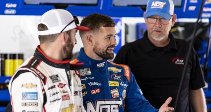 DAYTONA BEACH, FLORIDA - SEPTEMBER 07: Ricky Stenhouse Jr., driver of the #47 NASCAR Next Gen car, talks with Austin Dillon, driver of the #3 NASCAR Next Gen car, in the garage during the NASCAR Cup Series test at Daytona International Speedway on September 07, 2021 in Daytona Beach, Florida. (Photo by James Gilbert/Getty Images) | Getty Images