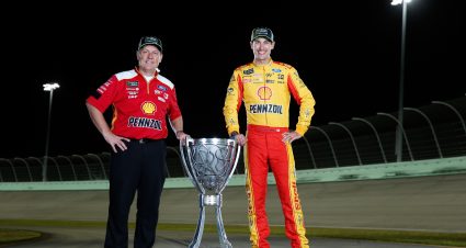 HOMESTEAD, FL - NOVEMBER 18:  Joey Logano, driver of the #22 Shell Pennzoil Ford, and crew chief Todd Gordon pose for a photo after winning the Monster Energy NASCAR Cup Series Ford EcoBoost 400 and the Monster Energy NASCAR Cup Series Championship at Homestead-Miami Speedway on November 18, 2018 in Homestead, Florida.  (Photo by Brian Lawdermilk/Getty Images) | Getty Images